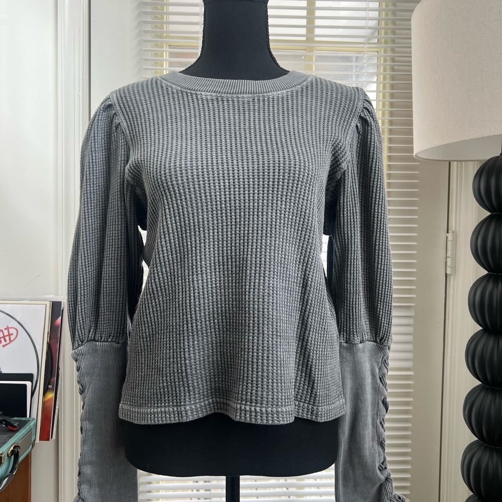 Free People Gray Ribbed Tie Front Long Sleeve Blouse - Picture 4 of 9